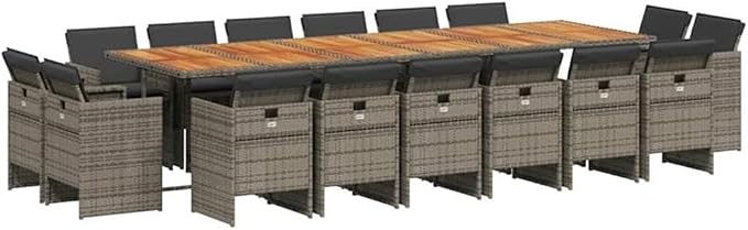 Afuera Living 17-Piece Poly Rattan Patio Dining Set, Gray and Brown Finish, Includes Acacia Wood Table and 16 Chairs, Weather-Resistant Cushions, Foldable Design, 16-Seater Outdoor Garden Furniture