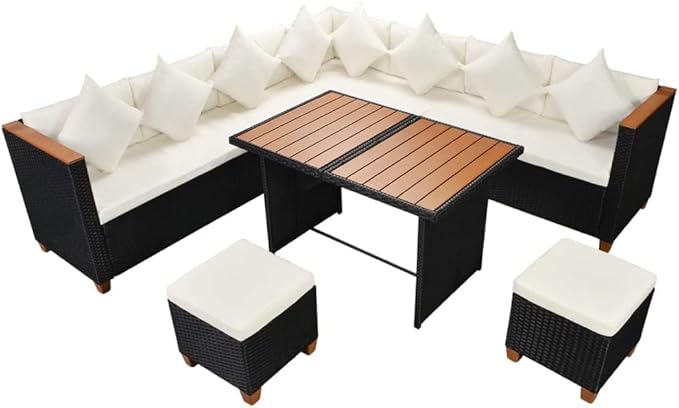 7 Piece Patio Lounge Set with Cushions, Sectional Sofa Patio Conversation Set Porch Furniture Set Front Porch Furniture for Poolside Negotiation Area Piazza Exhibition Poly Rattan Black