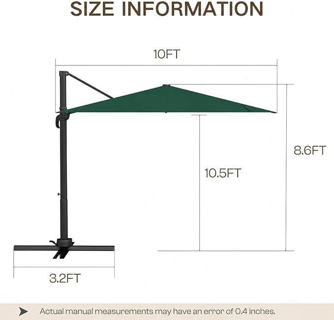Kingdura 10x10 FT Cantilever Patio Umbrella with Base Included, Large Square Aluminum Offset Outdoor Pool Umbrella, 360° Rotation & 4-Position Tilt, UV Protection for Deck Backyard (Dark green)