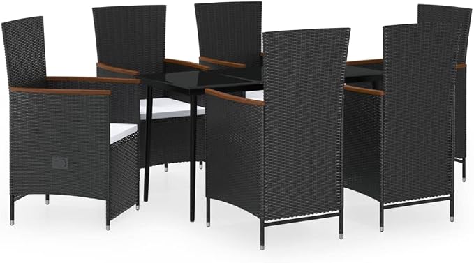7 Piece Patio Dining Set, Outdoor Rattan Dining Table and Reclining Chairs with Cushions, Black PE Wicker Dining Furniture Set with Glass Top for Backyard, Garden