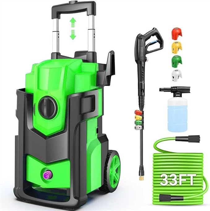 Electric Pressure Washer 5000PSI, Heavy Duty Power Washer Electric Powered, with 4 Nozzles,Foam Cannon,33FT Hose and 500ml Soap Bottle,Car Wash Machine/Car/Driveway/Patio Clean,Green