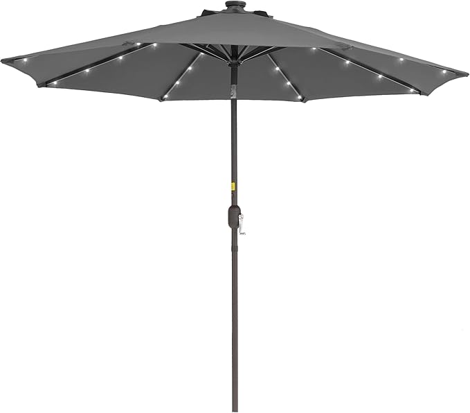 9ft Patio Umbrella Outdoor with Solar Lights,32 LED Lighted Table Market Umbrella with Tilt and Crank, 2-Year-Non-Fading, 8 Sturdy Ribs,for Pool, Deck, Garden,Backyard