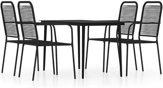 Bowery Hill Powder-Coated Steel 5-Piece Patio Dining Set, Rectangular Glass Table and 4 Cotton Chairs, Weather-Resistant Durable Construction, Black Finish, Compact Outdoor Garden or Balcony Furniture