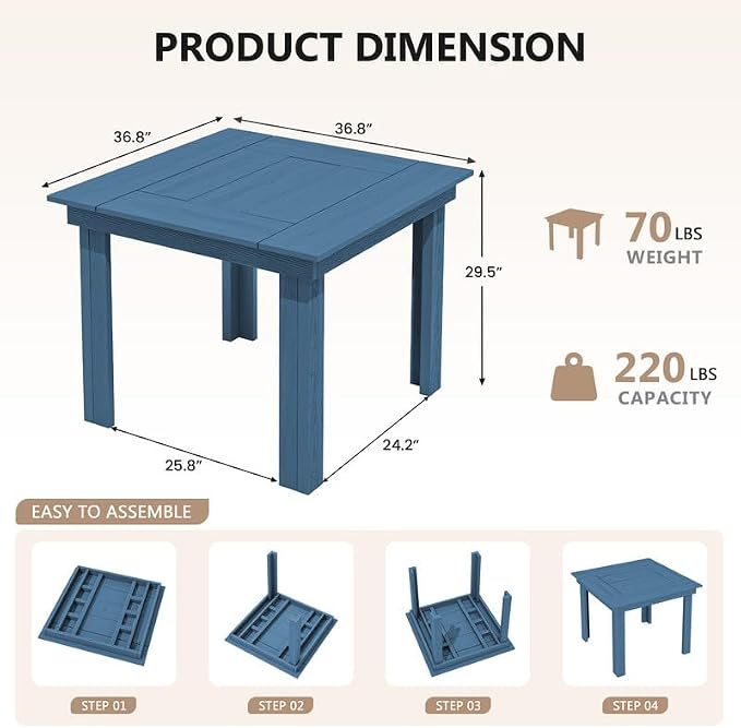 KINGYES 5-Piece HDPE Outdoor Dining Set for 4, Square Patio Table & Armless Chairs with Umbrella Hole, All-Weather Patio Dining Set for Backyard, Garden, Lawn & Poolside, Blue