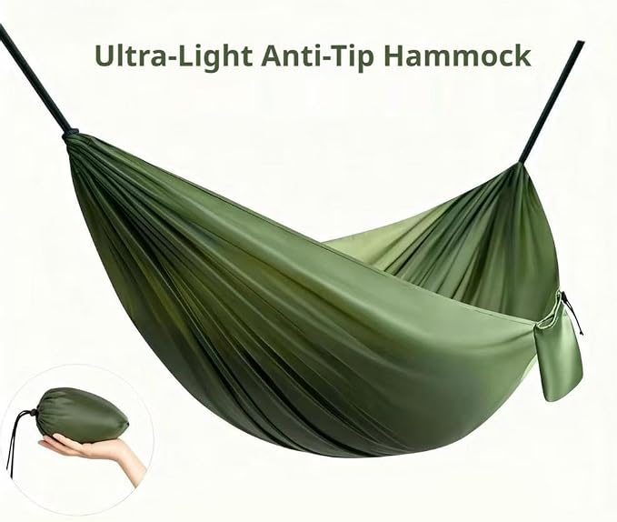 Camping Hammock Lightweight Portable Double Swing with 2 Tree Straps, Heavy Duty Parachute Nylon Bed for Backpacking Hiking Beach, Outdoor Essentials for Backyard Patio Camping Gear (Khaki)