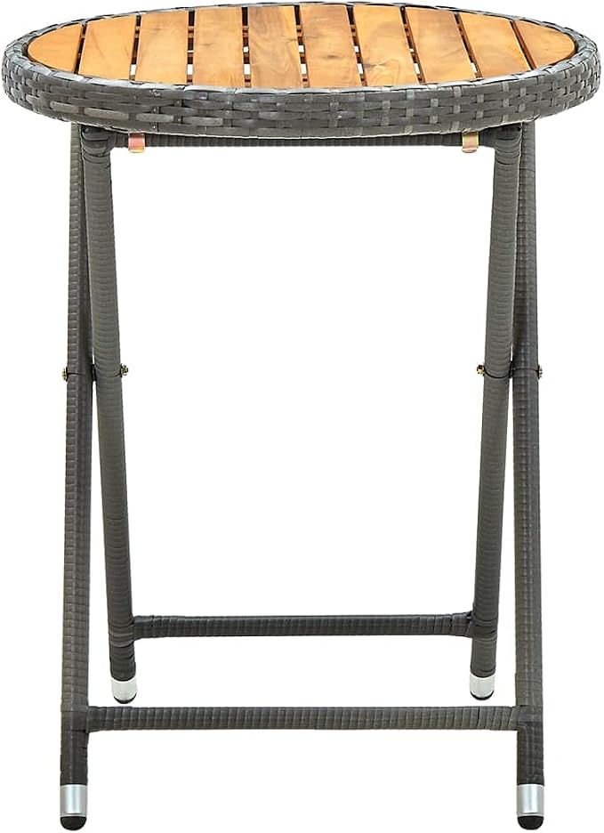 Gray 23.6" Poly Rattan and Solid Acacia Wood Folding Tea Table for Garden Patio, 4-Piece Outdoor Furniture Set with Powder-Coated Steel Frame and UV Protection