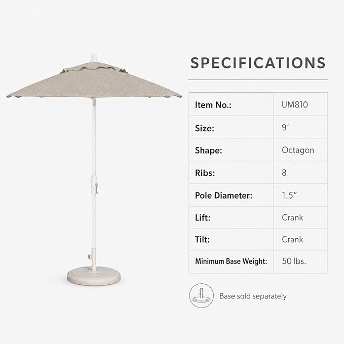 Treasure Garden 9ft Patio Umbrella - Outdoor Furniture Market Umbrella – Deluxe Auto-Tilt – White Aluminum Frame (Sunbrella, Cast Silver)