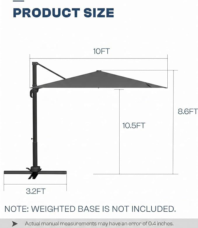 10'×10' Patio Umbrella, Aluminum Cantilever Umbrella with 360°Rotation, Offset Patio Umbrella with Easy Tilt Fade Resistance for Pool Deck Backyard, Charcoal (Base not Included)