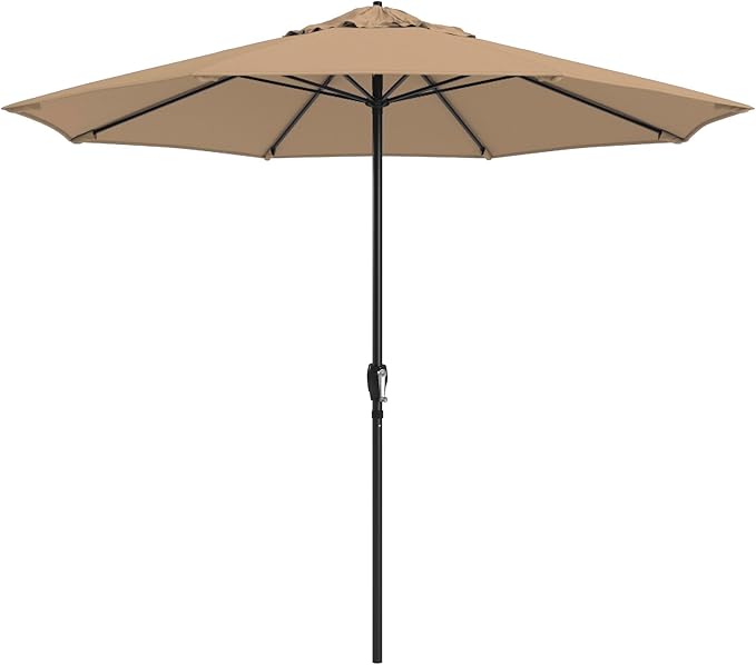 California Umbrella 8-Year Protection 9 Ft Outdoor Patio Umbrella, Solstice Fade-Resistant Fabric, Auto-Tilt, Heavy Duty Aluminum Frame, 8 Reinforced Ribs for Pool or Deck, Black Pole, Antique Beige