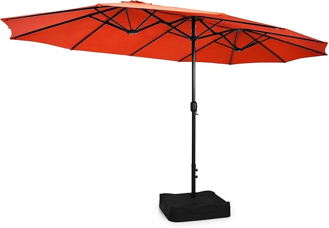 Tangkula 15FT Double-Sided Patio Umbrella with Base, Extra-Large Market Umbrella W/Crank System, Outdoor Twin Umbrella W/ 12-Rib Metal Structure & Air Vents for Garden, Backyard, Poolside (Orange)