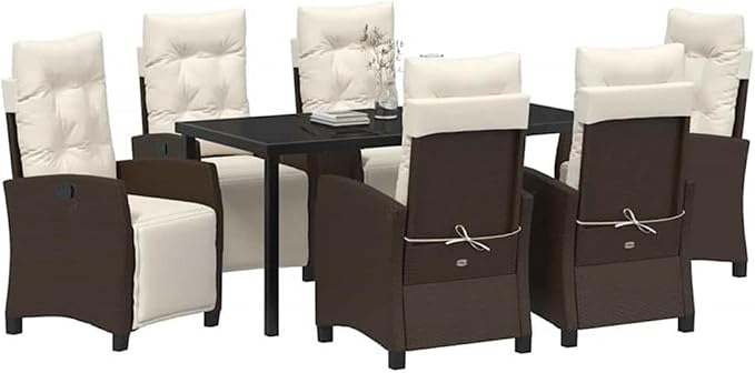 Afuera Living 7-Piece Poly Rattan Garden Dining Set, Brown Woven Texture, Glass Topped Table with Steel Legs, Cushioned Chairs with Adjustable Backrest, Modern Outdoor Patio Furniture, Seats 6