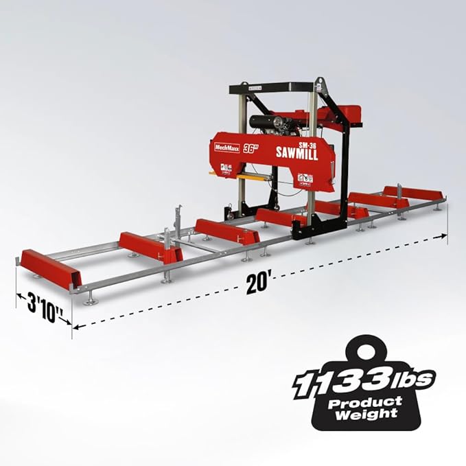 MechMaxx 36" MAX Portable Sawmill, 25HP 688cc HONDA GX690 V-Twin Engine, 35" Board Width, 20' Track Length, (10 x Blades Included),Model SM36HMAX