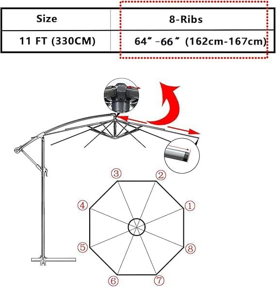 11FT Cantilever Patio Umbrella Replacement Canopy Outdoor Large Round 8 Ribs Length 64" to 66" (Canopy Only) Waterproof & UV