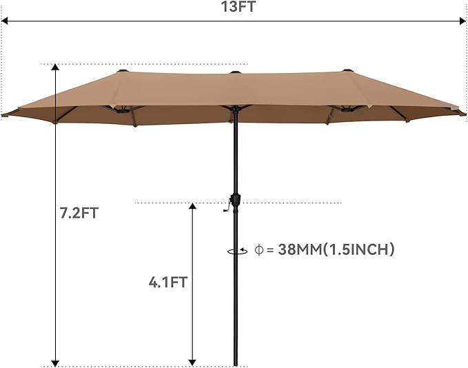 GREEN PARTY 13ft Rectangle Patio Umbrella, Double Sided Outdoor Table Umbrella with Crank & 1.5" Pole, Large Market Umbrella for Poolside Garden Deck Backyard, Tawny