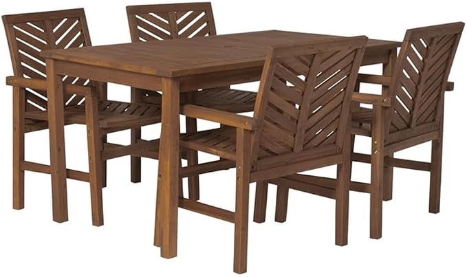 Walker Edison 4 Person Outdoor Wood Chevron Patio Furniture Dining Set Table Chairs All Weather Backyard Conversation Garden Poolside Balcony, 5 Piece, Dark Brown