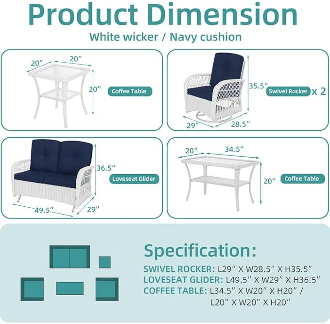MEETWARM 5 Pieces Outdoor Patio Rattan Furniture Sets, All Weather Patio Wicker Conversation Set - 2 Rocking Swivel Chairs 1 Rattan Loveseat Glider with Cushions, 2 Coffee Table, White Wicker/Navy