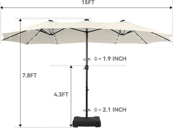 GREEN PARTY 15 ft Large Outdoor Patio Umbrella with Solar Led Lights & Base Included, Double-Sided Rectangular Table Umbrella with Stand, Market Umbrellas for Deck Poolside Garden Backyard, Ivory