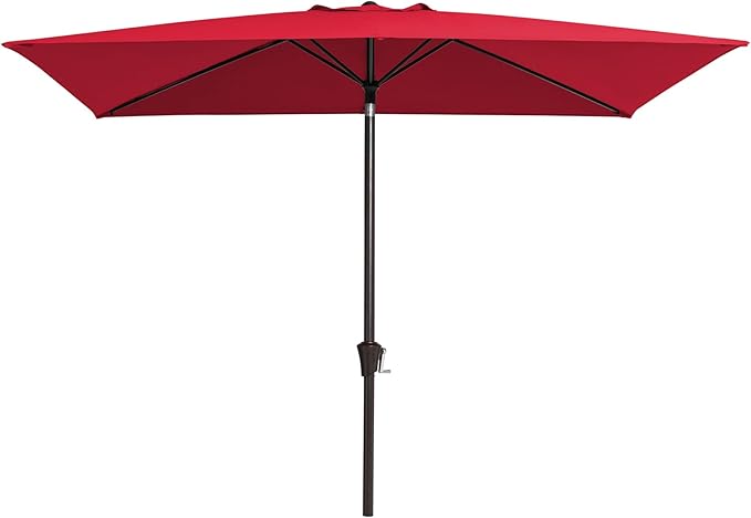 JEAREY 6.5x10ft Olefin Rectangular Patio Umbrella, Rectangle Outdoor Umbrellas with Auto Tilt Crank System, Market Table Umbrella UV Protection Fade-Resistant for Pool Deck Garden Yard, Red