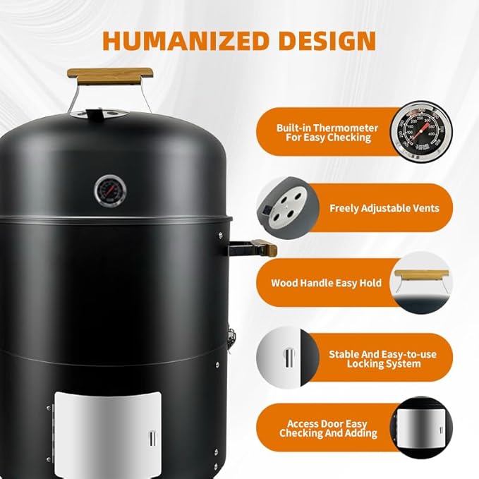 17" BBQ Smoker Grill Built in Thermometer Air Vent and adding charcoal door Multi-Layer heavy duty Meat Smoker Grill