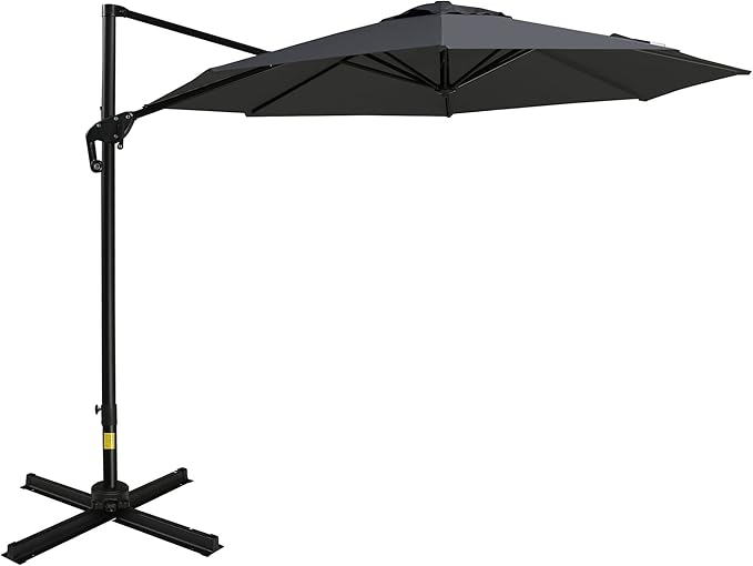 10ft Offset Patio Umbrella with Base, Hanging Aluminum and Steel Cantilever Umbrella with 360¡ã Rotation, Easy Tilt, 8 Ribs, Crank, Cross Base Included for Backyard, Poolside, Garden, Gray