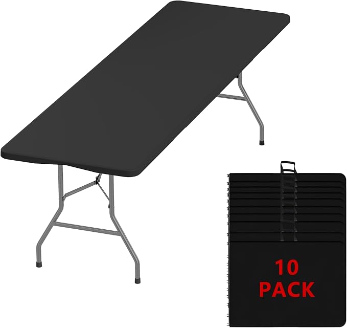 8FT Folding Tables – Heavy Duty Portable Foldable Picnic Table with Built-in Handle, 450 lb Capacity – Ideal for Events, Parties, Crafts, Camping & Dining (10-Pack, Black)