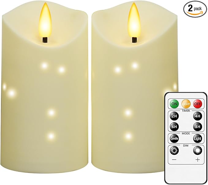 kakoya Outdoor Waterproof Flickering Flameless Candles with Embedded Star String,2Pcs LED Pillar Candles Battery Operated with Remote and Timers for Courtyard,Porch,Camping,Holiday Decoration(Ivory)