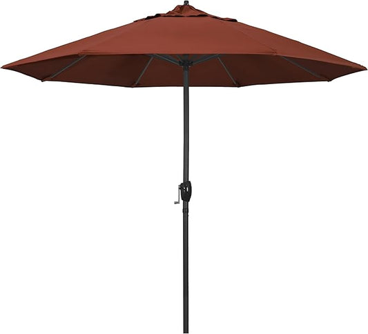 California Umbrella 12-Year Protection 9' Rd Aluminum Patio Umbrella, Crank Lift, Auto Tilt, Black Finish, Sunbrella Terracotta