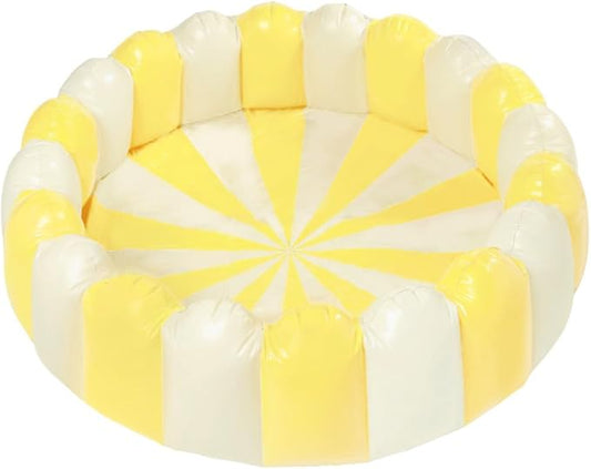 Petites Pommes Striped Inflatable Pool Kids & Toddlers - Handprinted Classic Foldable Swimming Pool - Durable, BPA-Free PVC Kiddie Pools with Repair Patch & Storage Bag, Light Yellow, 63 x 18 Inch