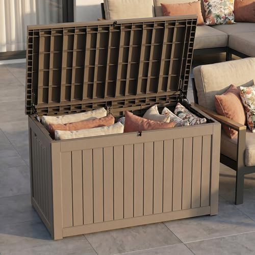 230 Gallon Deck Box, Waterproof Resin Outdoor Storage Box with Lockable Lid, Patio Storage Box with Fade Resistant for Patio Furniture Cushions, Pool Accessories, Garden Tools, Light Coffee