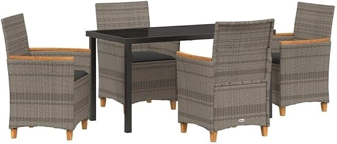 Afuera Living Contemporary 5 Piece Poly Rattan Patio Dining Set, Gray Finish, Steel Frame with Glass Tabletop, Weather-Resistant, UV-Resistant, Seats 4, Modern Outdoor Furniture for Garden or Terrace