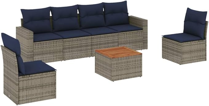 vidaXL Patio Sofa Set with Cushions 7 Piece, Outdoor Conversation Set, Patio Furniture Set for Balcony Garden, Modern Style, Gray Poly Rattan