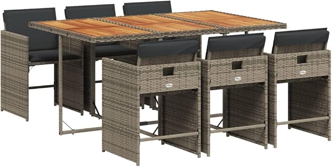 7 Piece Patio Dining Set with Cushions Gray Poly Rattan Outdoor Table and Chairs for Garden Backyard Deck Entertaining UV-Proof Folding Stackable
