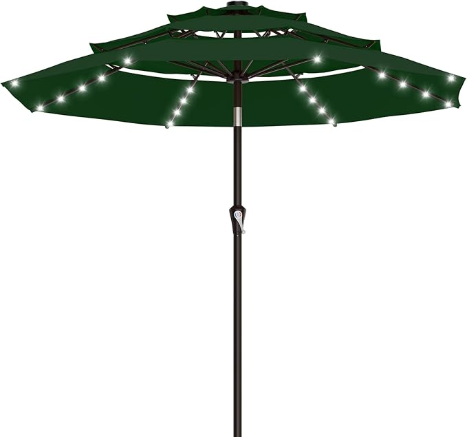 AreShark 9ft 3 Tiers Patio Umbrella with Solar Lights, Outdoor Umbrella w/ 32 LED Lights&8 Sturdy Ribs, Table Umbrella for Deck, Backyard, Pool (Dark Green)