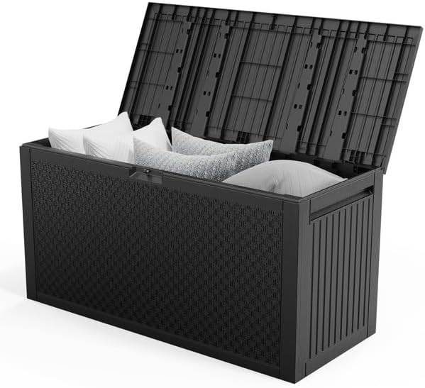 90gal Outdoor Garden Plastic Storage Deck Box Tools Lockable Seat (Black)