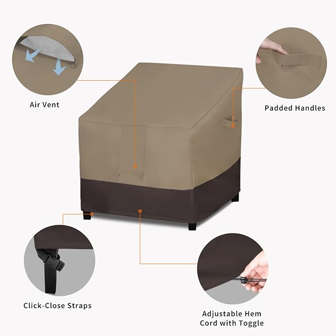 Easy-Going Outdoor Chair Cover Waterproof, Heavy Duty Patio Chair Cover, Windproof Outdoor Furniture Cover with Air Vent (2 Pack-32Wx37Dx31H inch, Camel/Dark Brown)