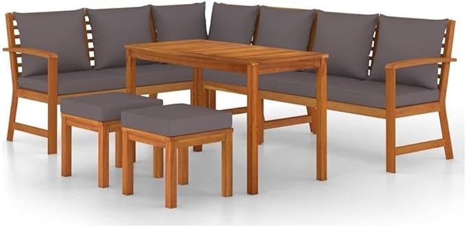 Afuera Living 7-Piece Patio Dining Set, Solid Acacia Wood with Dark Gray Water-Resistant Cushions, Modular Outdoor Furniture, Rustic Style for Garden, Terrace or Backyard