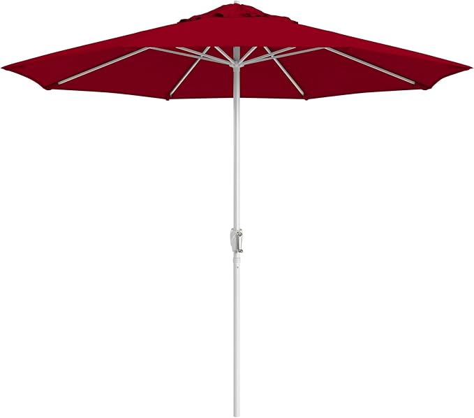 California Umbrella 10-Year Protection 9 Ft Outdoor Patio Umbrella, Pacifica Fade-Resistant Fabric, Auto-Tilt, Heavy Duty Aluminum Frame, 8 Reinforced Ribs for Pool or Deck, White Pole, Red
