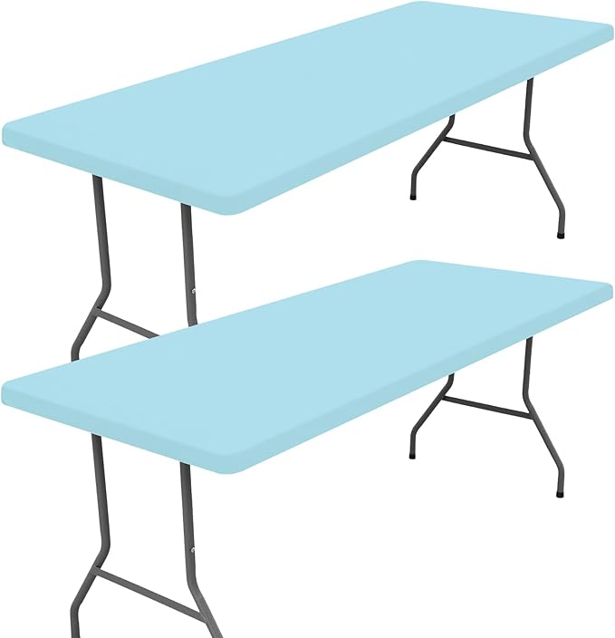 Moosfor Spandex 8 Foot Rectangle Table Cloth 2 Pack, Elastic Fitted Tablecloths for Picnic, Stretch Washable Patio Table Cover for Outdoor, Camping, Banquet and Parties (Baby Blue, 30"x96")