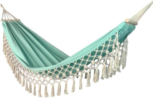 Outdoor Leisure Hammock with Tassels, Garden Anti-Rollover Swing with Storage Bag, for Travel/Camping/Beach, Load Bearing 150kg/330.7lbs(Green)