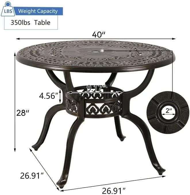 Patio Dining Table,Cast Aluminum Patio Table with Umbrella Hole, Outdoor Bistro Table for Backyard, Garden, Patio(40" Round Table)