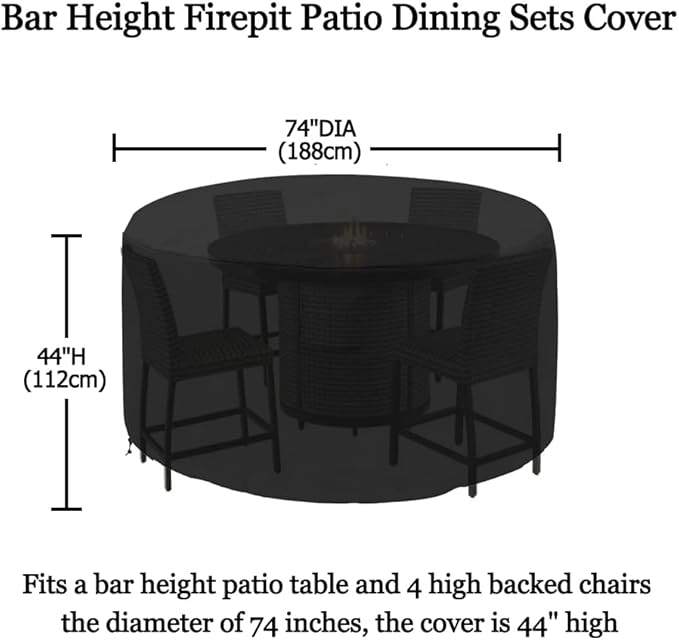 Bar Height Firepit Patio Dining Sets Cover Heavy Duty Waterproof 74 Inch Tall Round Patio Bar Height Table and Chair Set Covers, 74"Diameter x 44"H