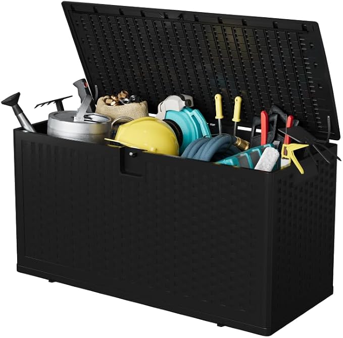 150 Gallon Outdoor Storage Box, Large Waterproof Resin Deck Box Indoor and Outdoor Use, Lockable Patio Storage Box for Garden Cushions, Tools, Equipment, Black