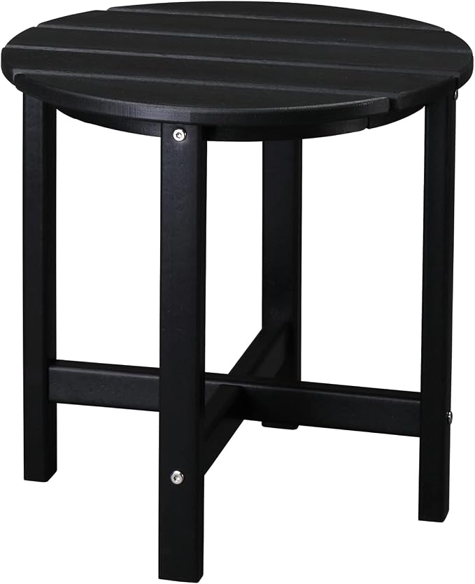 Outdoor Side Table, 18" HDPE Round Patio End Table, Weather Resistant Small Outside Table for Adirondack Chairs, Garden, Porch, Poolside, Deck and Living Room, Wood-Like Texture, Black (Style A)