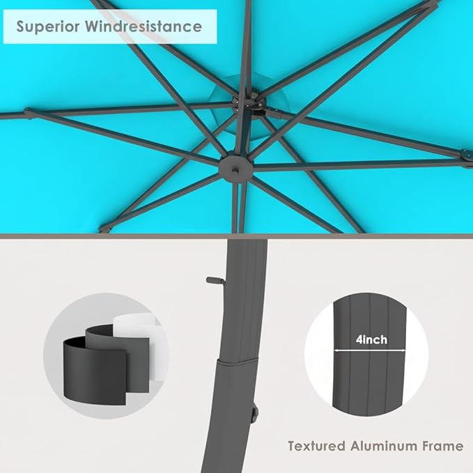 ENSTVER 11FT Cantilever Patio Umbrella With Base Included, Round Large Aluminum Outdoor Cantilever, Heavy Duty Offset Umbrella with 360°Rotation for Pool, Deck, Backyard, Garden(Lake Blue)