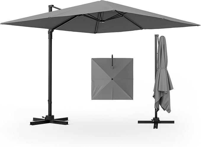 Tangkula 9.5 FT Cantilever Patio Umbrella, Outdoor Square Offset Umbrella with 360°Rotation, Heavy Duty Patio Hanging Umbrella with Cross Base for Garden Deck Pool Backyard (Grey)
