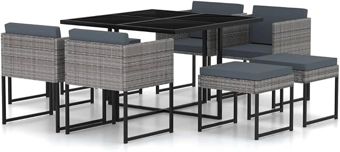9 Piece Patio Dining Set, 8 Person Outdoor PE Rattan Dining Table and Chairs with Cushions, Space Saving Sectional Conversation Set for Garden, Backyard, Gray