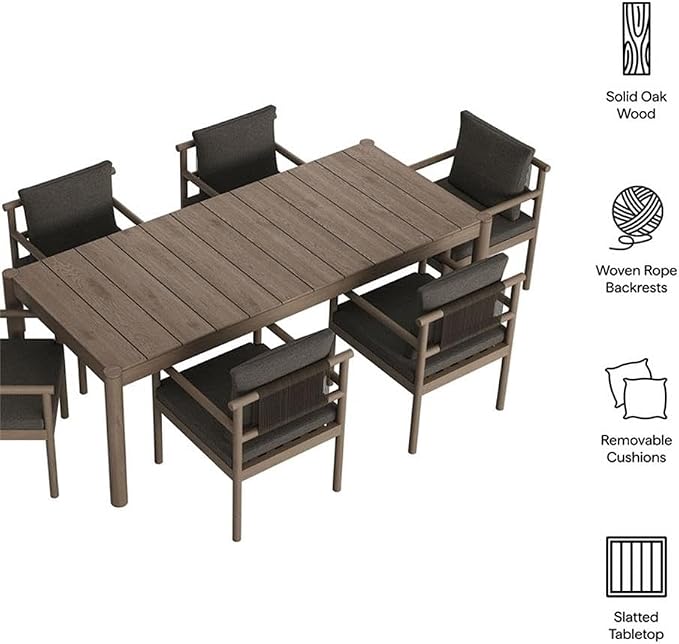 MAKLAINE 7-Piece Outdoor Patio Dining Set, Solid Teak Wood, 89 Inch Rectangular Table, Weathered Gray Flint Finish, Woven Rope Chair Backrest, Removable Cushions, Non-Marking Foot Caps, Deck or Patio