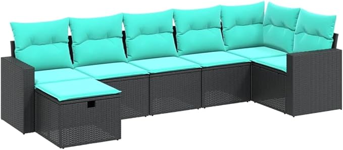 7 Piece Patio Sofa Set with Cushions, Sectional Sofa Patio Conversation Set Front Porch Furniture Outdoor Sofa Sets for Poolside Piazza Exhibition Negotiation Area Black Poly Rattan