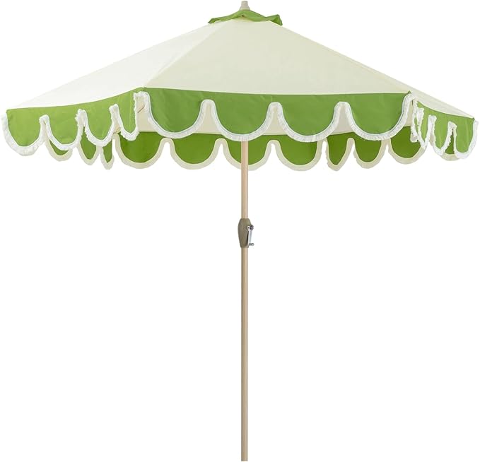 Tempera 9ft Scalloped Patio Umbrellas with Fringe, Market Umbrellas with Water-Resistant and Fade Resistant Canopy, 1.5" Wood Pole & Button Tilt,Green Beige Spliced