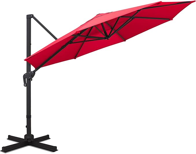 Sunnyglade 11Ft Cantilever Patio Umbrella Deluxe Offset Umbrella 360°Rotation & Integrated Tilting System Heavy Duty Patio Hanging Umbrella for Market Garden Deck Pool Backyard Patio (Red, 11 ft)